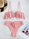 Striped Spaghetti Straps Flounce High Waist Bandeau Bikinis Swimsuits For Women - Red