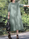Solid 3/4 Sleeve O-neck Pocket Loose Vintage Dress for Women - Green