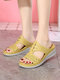 Women Casual Simple Comfy Breathable Hollow Handmade Wedges Slippers - Yellow
