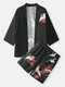 Mens Crane Print Open Front Kimono Chinese Style Black Two Pieces Outfits - Black