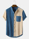 Mens Two Tone Corduroy Splice Stand Collar Short Sleeve Shirts - Blue