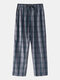 Casual Breathable Blue Plaid Home Drawstring Button Crotch Pajamas Pants With Pockets - Grey