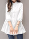 Blusa de manga 3/4 con cuello alzado y botones delanteros lisos - Blanco