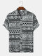 Mens Ethnic Geometric Print Lapel Casual Short Sleeve Shirts - Black