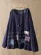 Corduroy Floral Embroidered Patch Long Sleeve Blouse - Navy