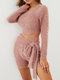 Solid Color Plush Knotted T-shirt Shorts Casual Set for Women - Pink