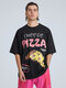 Men Cartoon Pizza Letter Print Loose Fit T-Shirt - Black