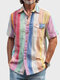 Mens Multicolor Striped Chest Pocket Lapel Collar Camisas casuais - Multicolorido