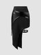 Solid Asymmetrical Leg Ring High Waist Stitch Skirt - Black