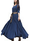 Cotton Linen Swing Skirt Stitching Long-sleeved Dress - Blue