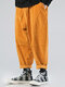 Mens Solid Color Corduroy Pocket Loose Drawstring Pants - Yellow