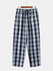 Casual Breathable Blue Plaid Home Drawstring Button Crotch Pajamas Pants With Pockets - Blue