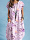 Women Watercolor Floral Print Double Pocket Short Sleeve Dress - Purple
