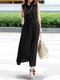 Solid Pocket Sleeveless Drawstring Waist Lapel Dress - Black