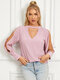 Solid Cut Out Choker Neck Long Sleeve Blouse - Pink