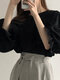 Solid Lantern Sleeve Loose Crew Neck Blouse For Women - Black