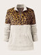 Plus Size Leopard Pattern Patchwork Zip Front Fluffy Sweatshirt - White