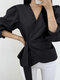 Solid Tie Side Puff Long Sleeve V-neck Blouse For Women - Black
