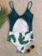 Women Cut Out Knotted Leaf Print Spaghetti Straps One Piece Swimwear - Green