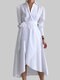 Solid Color Long Sleeves Irregular Hem Lapel Dress For Women - White