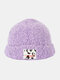 Unisex Teddy Velvet Solid Color Cow Pattern Letter Cloth Label Warmth Beanie Hat - Purple