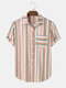 Mens Casual Colorful Striped Button Up Short Sleeve Shirt With Pocket - Pink