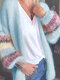 Multi-color Striped Knitted Long Sleeve Plus Size Cardigan - Light Blue