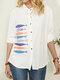 Women Fish Print Button Stand Collar Long Sleeve Casual Shirt - White