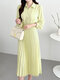 Solid Pleated Lapel Collar Front Buttons Graceful Midi Dress - Yellow