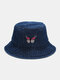 Women & Men Embroidery Butterfly Pattern Denim Outdoor Casual Sunshade Bucket Hat - Dark Blue