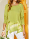 Bohemian Solid Color Lace Patch O-neck Long Sleeve T-Shirt - Green