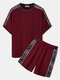 Mens Ethnic Geometric Piped Stitching Crew Neck Two Pieces Outfits - Wine Red