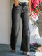 Women Loose Pocket Zip Front Wide Leg Denim Jeans - Black