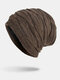 Men Winter Plus Velvet Plain Color Striped Pattern Outdoor Knitted Warm Beanie Hat - Khaki
