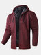 Mens Zip Front Knitted Plush Lined Warm Drawstring Hooded Cardigans - Wine Red