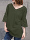 Women Solid V-Neck Casual Ruffle Sleeve T-Shirt - Dark Green