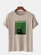 Mens Black Cat Letter Graphic Short Sleeve Cotton T-Shirts - Khaki