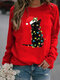 Christmas Black Cat Print Long Sleeves O-neck Sweatshirt For Women - Red