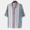 Mens Ethnic Style Printed Stand Collar Half Sleeve  Loose Casual T-shirt - Light Blue