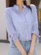 Stripe Print Tie-up At Cuffs Button Stand Collar Blouse - Blue