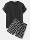 Mens Black Loungewear Short Sleeve T-Shirt & Plaid Drawstring Shorts Sets - Black