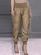 Women Solid High Waist Casual Cargo Pants With Pocket - Khaki