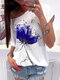 Floral Printed O-Neck Short Sleeve Casual T-shirt - Blue