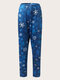 Plus Size Snow Print Elastic Waist Casual Women Skinny Pants - Blue