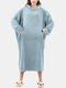 Women Fleece Flannel Warm Heated Wearable Blanket Hoodies Home Oversized Robes With Kangaroo Pocket - Blue