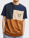 Mens Smile Pattern Color Block Patchwork Round Neck Short Sleeve T-Shirt - Orange