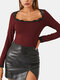 Women Solid Color Square Collar Lace Patchwork Long Sleeve Blouse - Wine Red