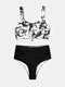 Women High Waist Bikini Tie Dye Front Knot Wide Straps Swimwear - Black