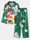 Women Faux Silk Opera Character Print Revere Collar National Style Pajama Sets - Green
