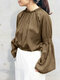 Solid Long Puff Sleeve Lettuce Edge Crew Neck Blouse - Brown